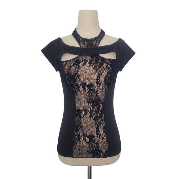 Y2k Guess Off The Shoulder Mock Neck Lace Cut Out Top Sz M Black Grunge Goth - Picture 1 of 6